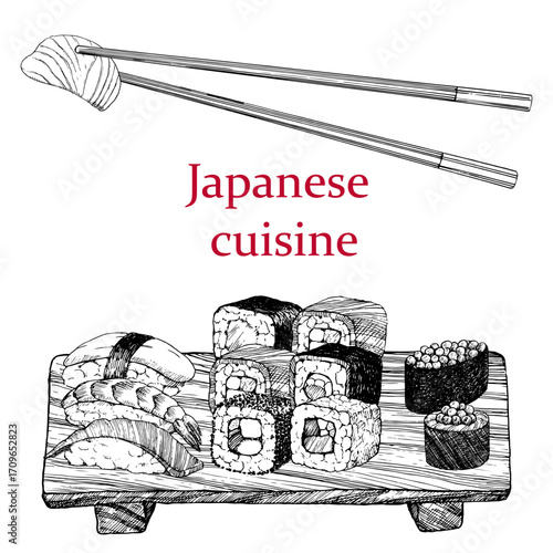 Japanese Restaurant Menu. Hand-drawn illustration of dishes and products. Ink. Vector	