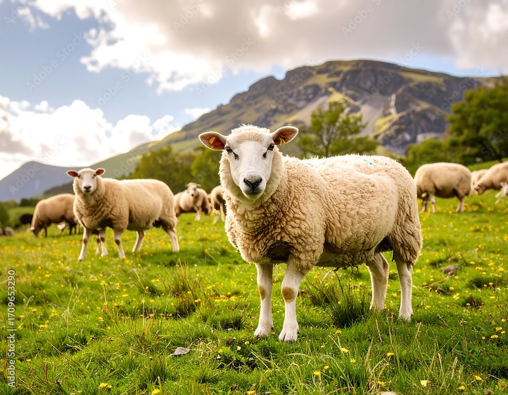 Fototapeta premium Sheep Grazing in Mountain Pasture