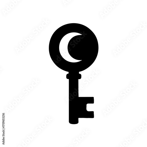 Minimalist black symbol of a key combined with a crescent moon.