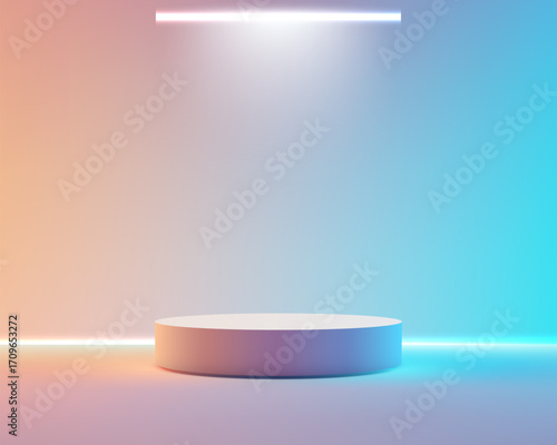 modern 3d podium with neon gradient background for product display showcase in vibrant orange blue lighting futuristic stage design for mockup and presentation scene