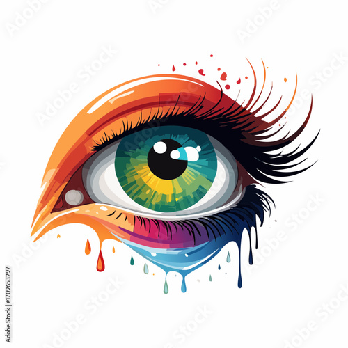 Artistic illustration of a human eye featuring a rainbow-colored iris, vivid makeup