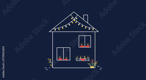 A charming flat design illustration of a house beautifully decorated with string lights and diyas, capturing the festive ambiance of Diwali. This vector image symbolizes home celebrations