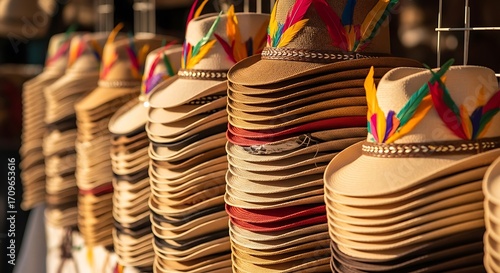 Colorful Stacked Straw Cowboy Hats for Sale.