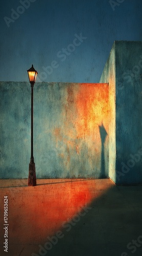 Street scene at dusk, warm light