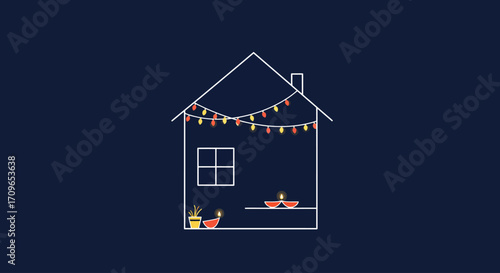 A charming flat design illustration of a house beautifully decorated with string lights and diyas, capturing the festive ambiance of Diwali. This vector image symbolizes home celebrations