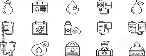 Blood icon set. Charity, Hematology, Blood Cell, Vessel, DNA, Blood Group, RH Factor, Blood Test, and blood donation line icons vector