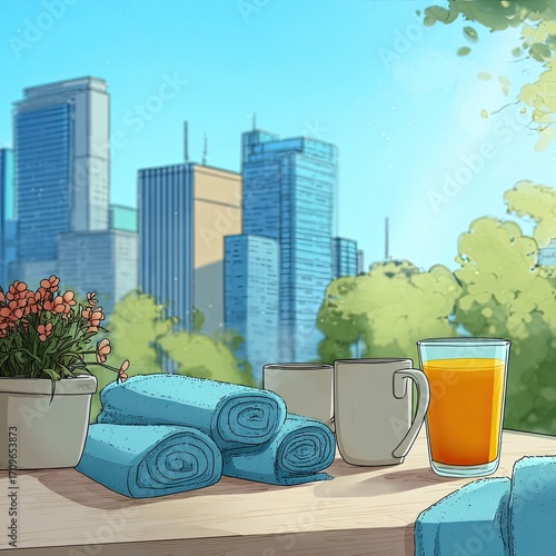 Sunny city rooftop patio with towels, drinks, and plants
