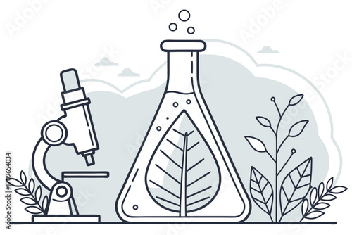 Glass flask with leaf silhouette, biotechnology nature lab symbol.