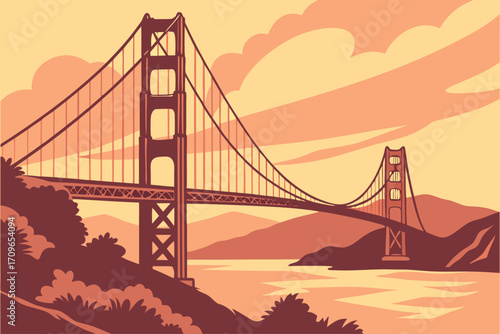 Golden Gate Bridge in warm sunset tones, poster cover design