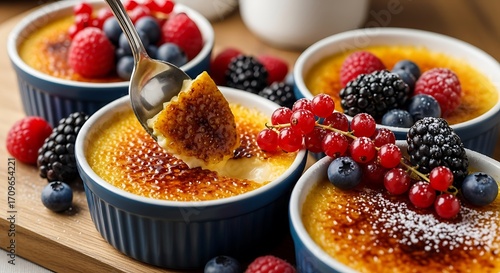 Delicious Creamy Cr?me Br?l?e Dessert with Berries.