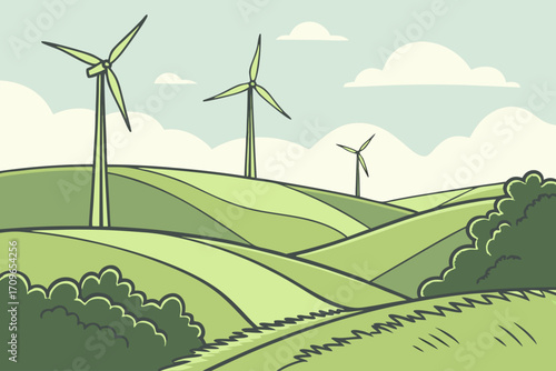 Green energy landscape with wind turbines on hills under sky