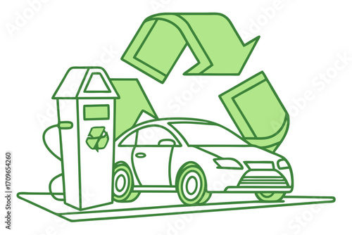 Green energy recycle icon, electric vehicle power reuse symbol