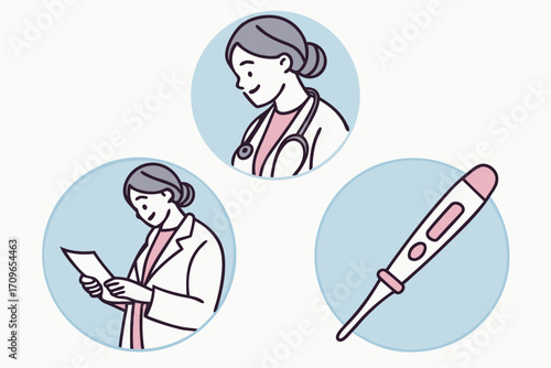 Gynecology and reproductive health icons: pregnancy test, doctor, medical tools