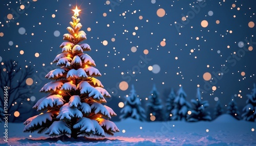 A snow-covered Christmas tree stands tall against a dark winter night sky, illuminated by twinkling lights, snowy, beautiful, lights
