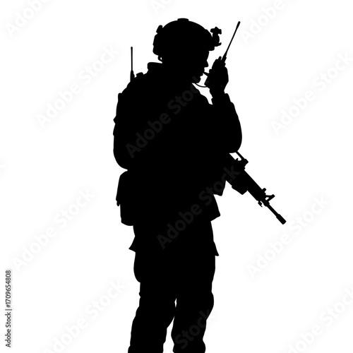 Silhouette of a soldier with rifle and radio in action ready for duty and combat operations