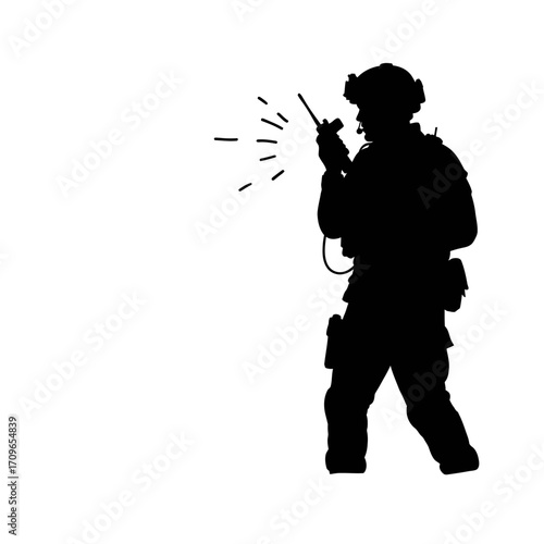 Silhouette of a soldier using a radio with communication signals emitting during a military operation