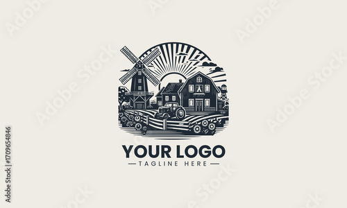 Beautiful black and white vintage farm landscape with buildings, a windmill, and a tractor, a wonderful illustration