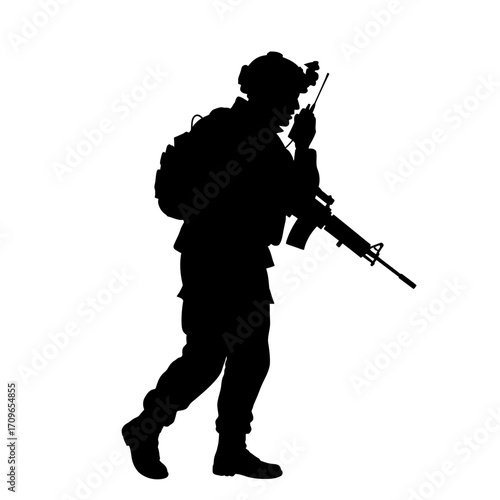 Silhouette of a soldier in tactical gear holding a rifle and communicating via radio