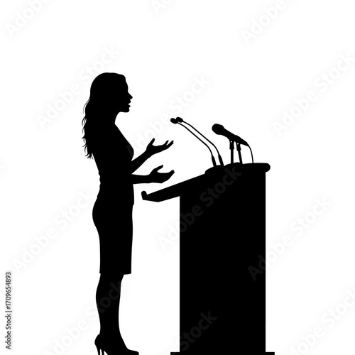 Silhouette of a woman speaking at a podium with microphones presenting ideas confidently