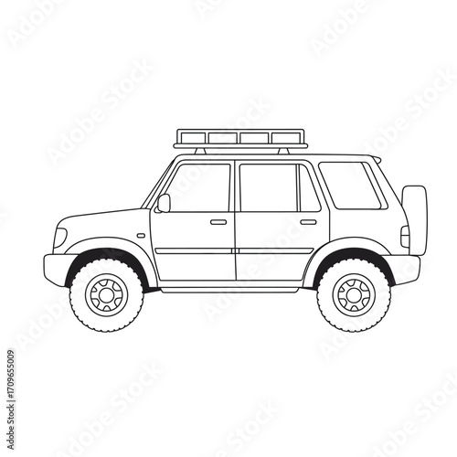 Line drawing of an off-road suv with roof rack and spare tire on