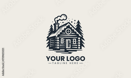 Charming black and white vector logo of a cozy log cabin with smoke from the chimney, a delightful design