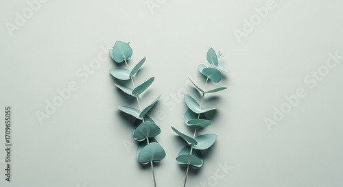 Delicate Light Teal Eucalyptus Branches on Light Background.