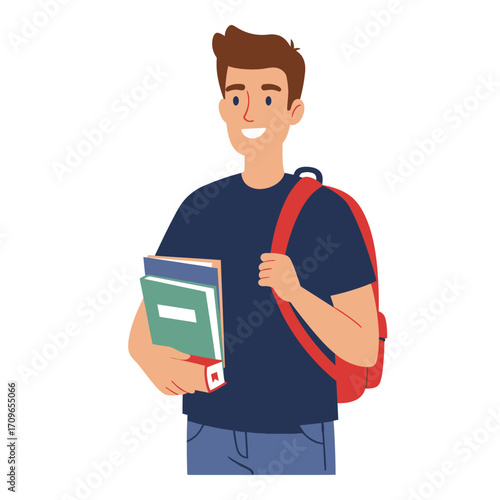 Young male student with backpack and books smiling confidently ready for education and learning