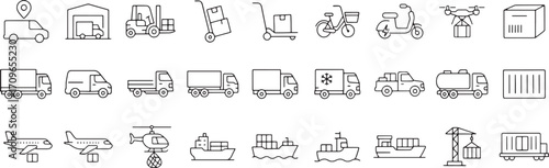 Commercial vehicles line icon set. Vector pictograms of container, pallet, forklift, plane, drone, helicopter, ship, train, cargo truck, warehouse, thin linear illustration