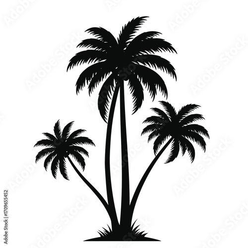 Silhouette of three tropical palm trees with lush fronds against a bright backdrop for beach resort themes