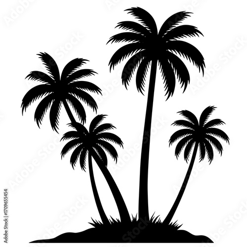 Silhouette of tropical palm trees on a small island conveying paradise and vacation vibes