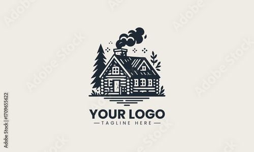 Charming black and white vector logo of a cozy log cabin with smoke from the chimney, a delightful design