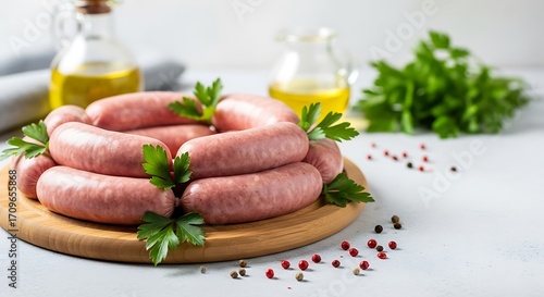 Raw sausages arranged on a wooden board with fresh herbs and spices.