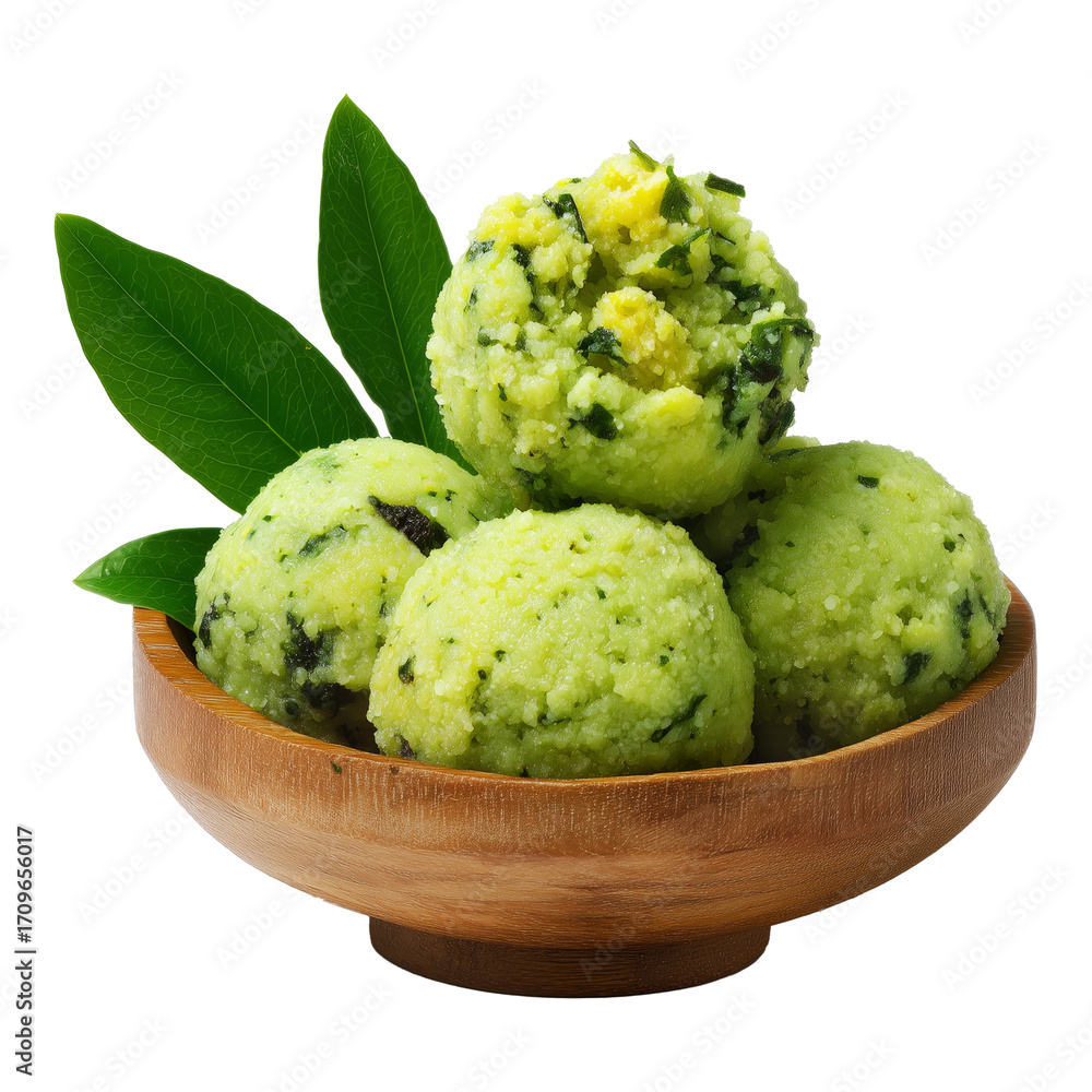 Obraz premium Mashed green plantains mixed with cheese or pork, shaped into balls in wooden bowl, isolated on white transparent background. Concept of Ecuador Bolon de Verde homemade vegetarian cuisine