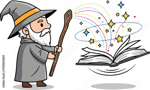 Cartoon wizard casting spell from open book with wand