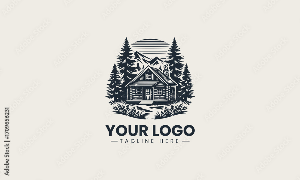 Fototapeta premium Beautiful black and white vector logo of a rustic log cabin surrounded by pine trees, a charming design for nature lovers