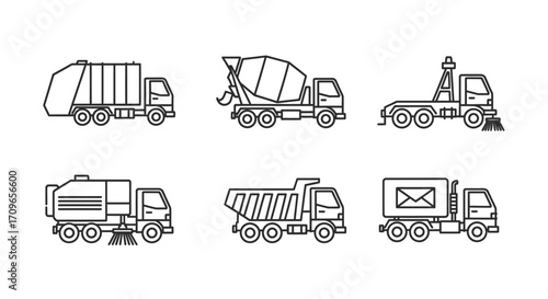 Collection of various types of utility trucks, including garbage trucks, concrete mixers, and other specialized vehicles.