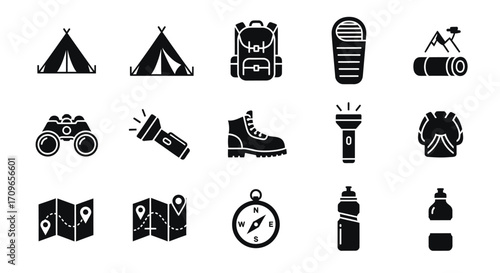 Camping and Hiking Equipment Icons.