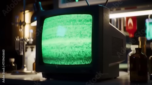 A high-quality 4K cinematic shot of a vintage cathode-ray tube television displaying green static noise in a mysterious science laboratory