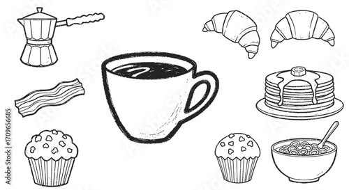 A collection of hand-drawn black and white illustrations of various breakfast foods and drinks.