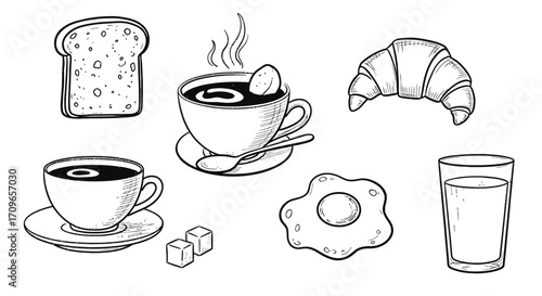 A delightful black and white illustration of a breakfast spread including toast, coffee, a croissant, a fried egg, and a glass of milk.