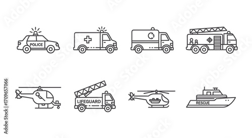 Line art icons of various emergency and rescue vehicles including police cars, ambulances, fire trucks, helicopters, and a rescue boat.