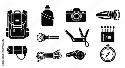 Black and white vector illustration of camping and hiking equipment.