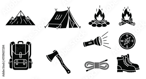 Camping and Hiking Equipment Icons.