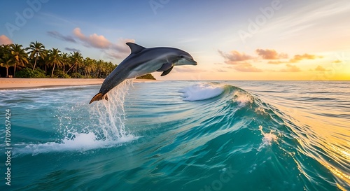 Majestic Dolphin Leaps Through Ocean Waves at Sunrise.