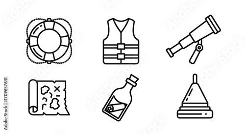 Collection of line art icons depicting nautical and exploration items, including life preserver, life vest, telescope, map, message in a bottle, and buoy.