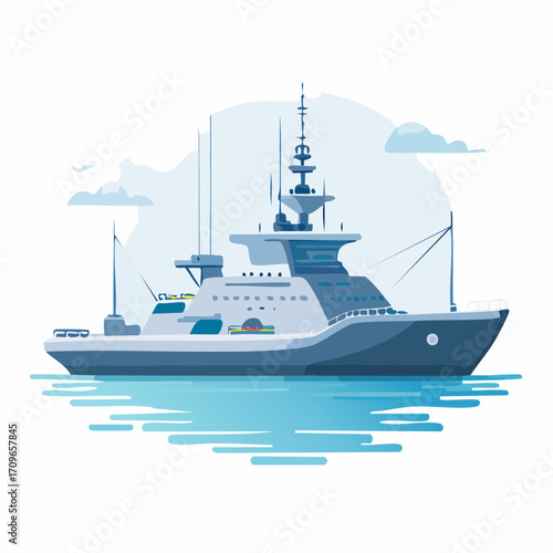 Illustration of a military ship sailing on calm waters with light blue sky