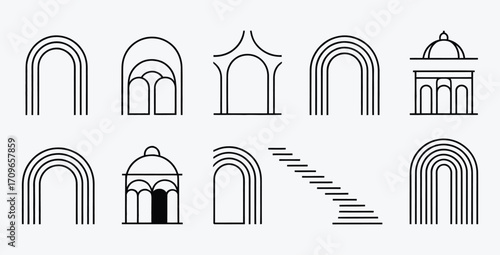 Collection of Minimalist Line Art Archways, Doors, and Pavilions: Elegant Black and White Architectural Illustrations.