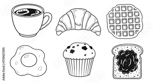 A collection of classic breakfast food items including a cup of coffee, croissant, waffle, fried egg, muffin, and toast with jam.