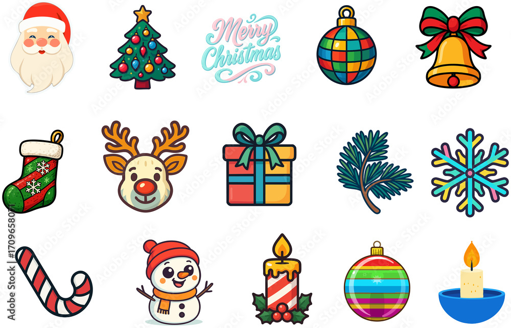 Fototapeta premium Colorful raster icon set for Christmas and New Year celebration with tree, gifts, reindeer, baubles, snowman, candle and pine branches on blue and white background, festive decorative design elements