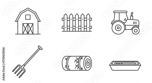 Line art illustration of farm elements including a barn, fence, tractor, pitchfork, hay bale, and trough.